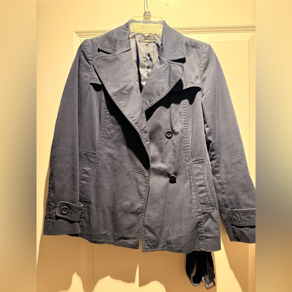 Coups brand Double-Breasted Navy Jacket with belt side loop torn trench style